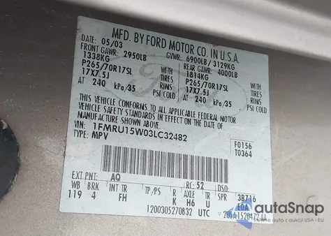 2003 Ford Expedition Xlt from USA, damaged, VIN 1FMRU15W03LC32482